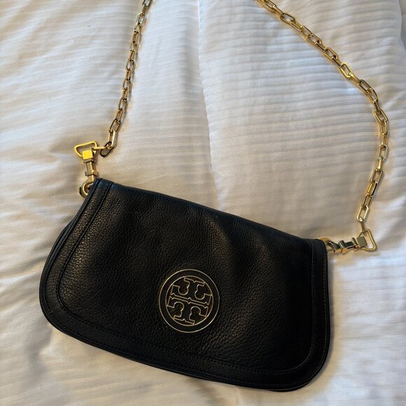TORY BURCH Black Leather Amanda Logo Clutch Crossbody Chain Bag - Picture 9 of 13